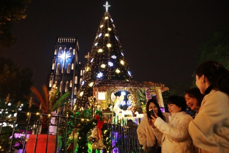 Cây thông khổng lồ lung linh cạnh nhà thờ nổi tiếng ở Hà Nội