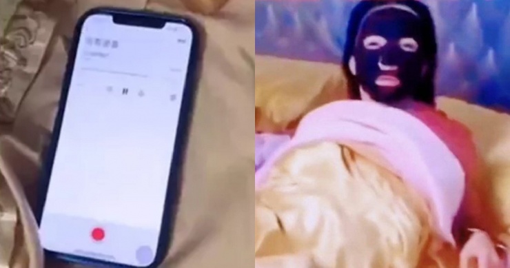  Người chồng ngỡ ngàng khi thấy vợ đang đắp mặt nạ, ngái ngủ ngồi dậy, trên đầu giường là chiếc điện thoại đang mở tiếng ngáy của  anh. Ảnh: Kienthuc.net. 