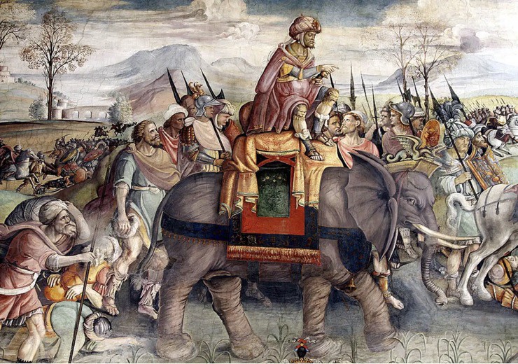 Hannibal tiến công La Mã với chiến thuật sử dụng voi chiến.