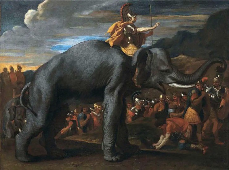 Minh họa hình ảnh Hannibal vượt dãy Alps bằng voi chiến.