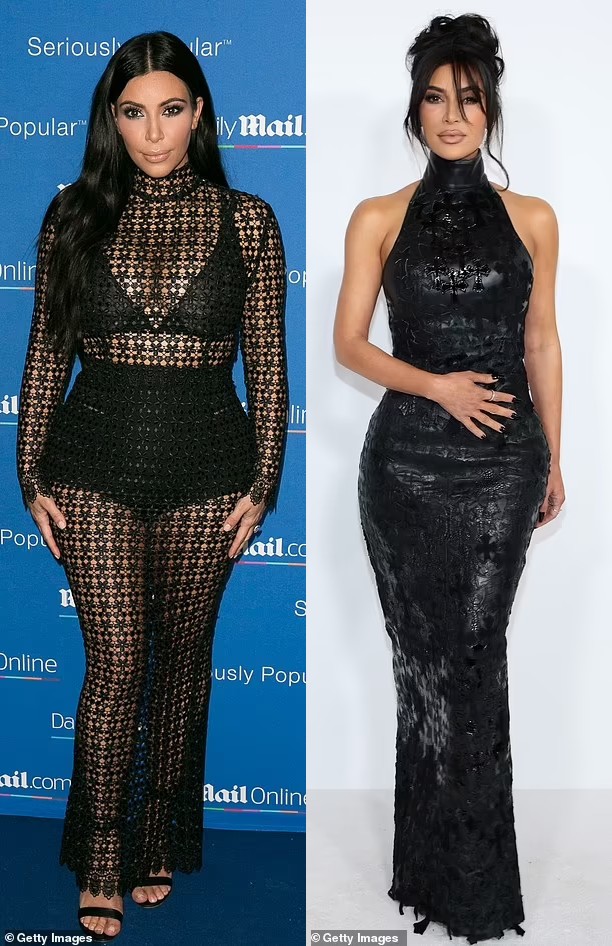 Kim Kardashian vốn nổi tiếng với thân hình đầy đặn nhưng đã gầy đi trong năm qua.&nbsp;Kim Kardashian&nbsp;năm 2015 (bên trái) và Kim Kardashian năm 2023 (bên phải).