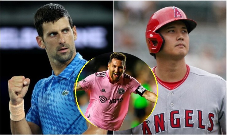 Ohtani (phải) vượt qua cả Messi (áo hồng) lẫn Djokovic (áo xanh) để nhận giải thưởng danh giá