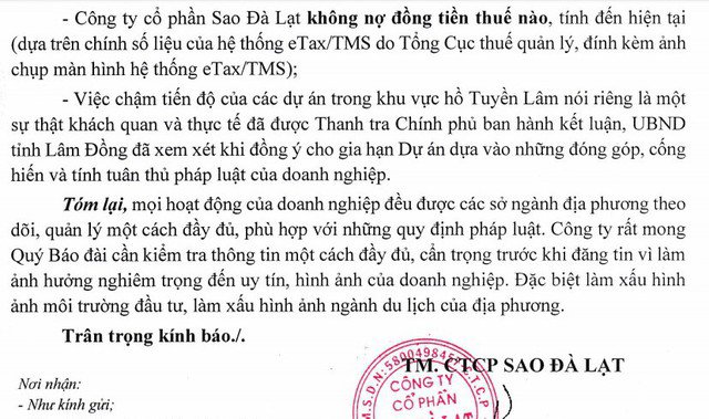 Phản hồi của Công ty Sao Đà Lạt về việc nợ thuế 12,3 tỉ đồng.