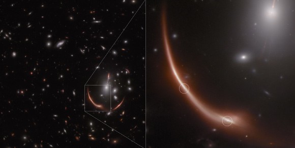 Siêu tân tinh Encore bên trong thiên hà MRG-M0138 cạch Trái Đất 10 tỉ năm ánh sáng dưới dạng 2 vệt sáng cong, độ dài khác nhau - Ảnh: NASA/ESA/CSA