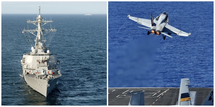 Tàu khu trục USS Laboon (trái) và chiến đấu cơ F/A-18 đã bắn rơi loạt UAV, tên lửa của Houthi ở Biển Đỏ.