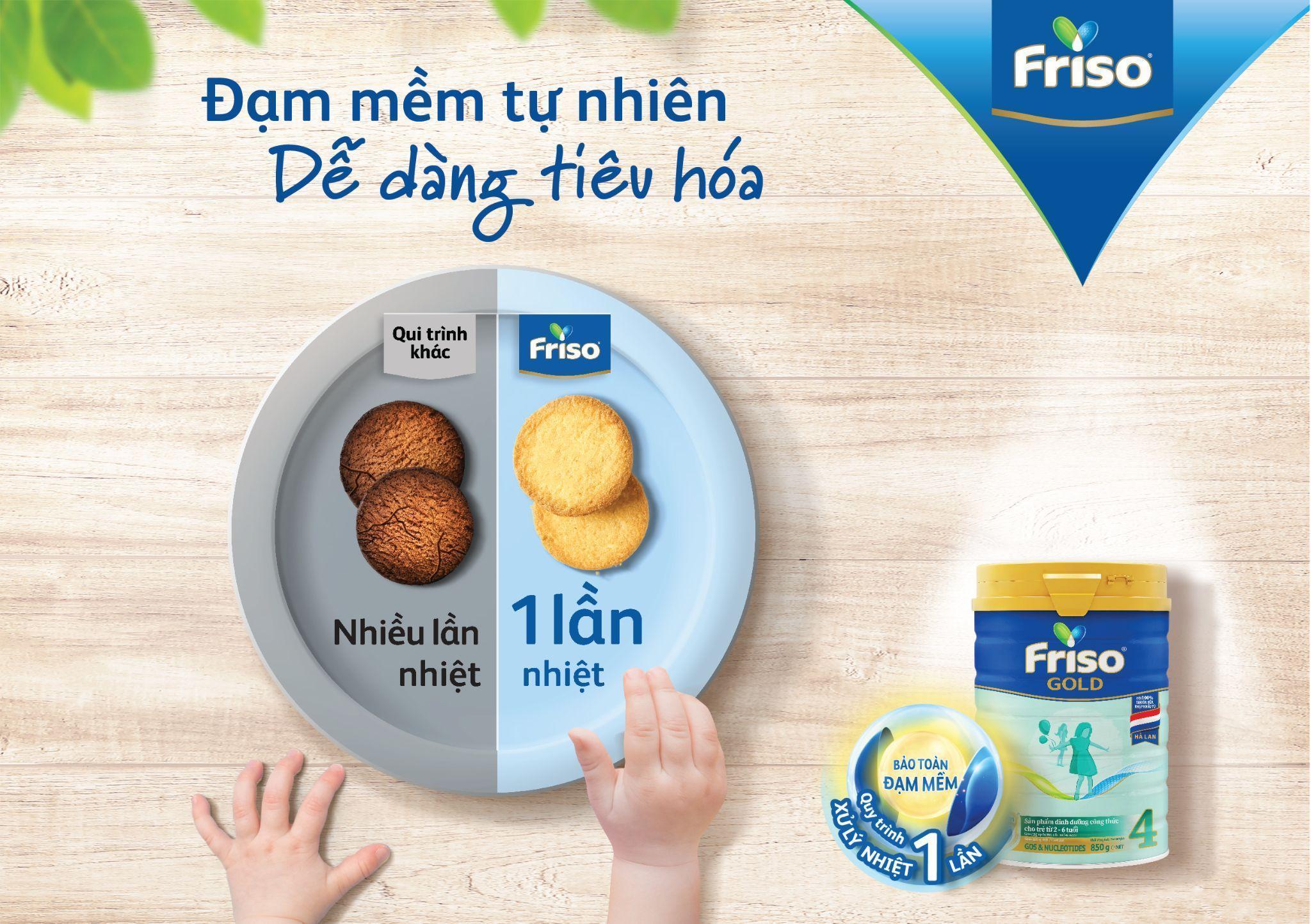 Friso Gold 4 bảo toàn trên 90% đạm mềm, nhỏ, tự nhiên nhờ sở hữu quy trình Xử Lý Nhiệt Chỉ 1 Lần, nhờ đó giúp trẻ êm bụng, êm giấc.