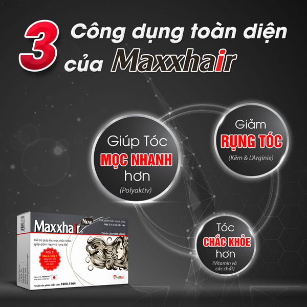 Maxxhair mang đến công dụng toàn diện 3 trong 1 giúp mái tóc dày dặn, chắc khoẻ