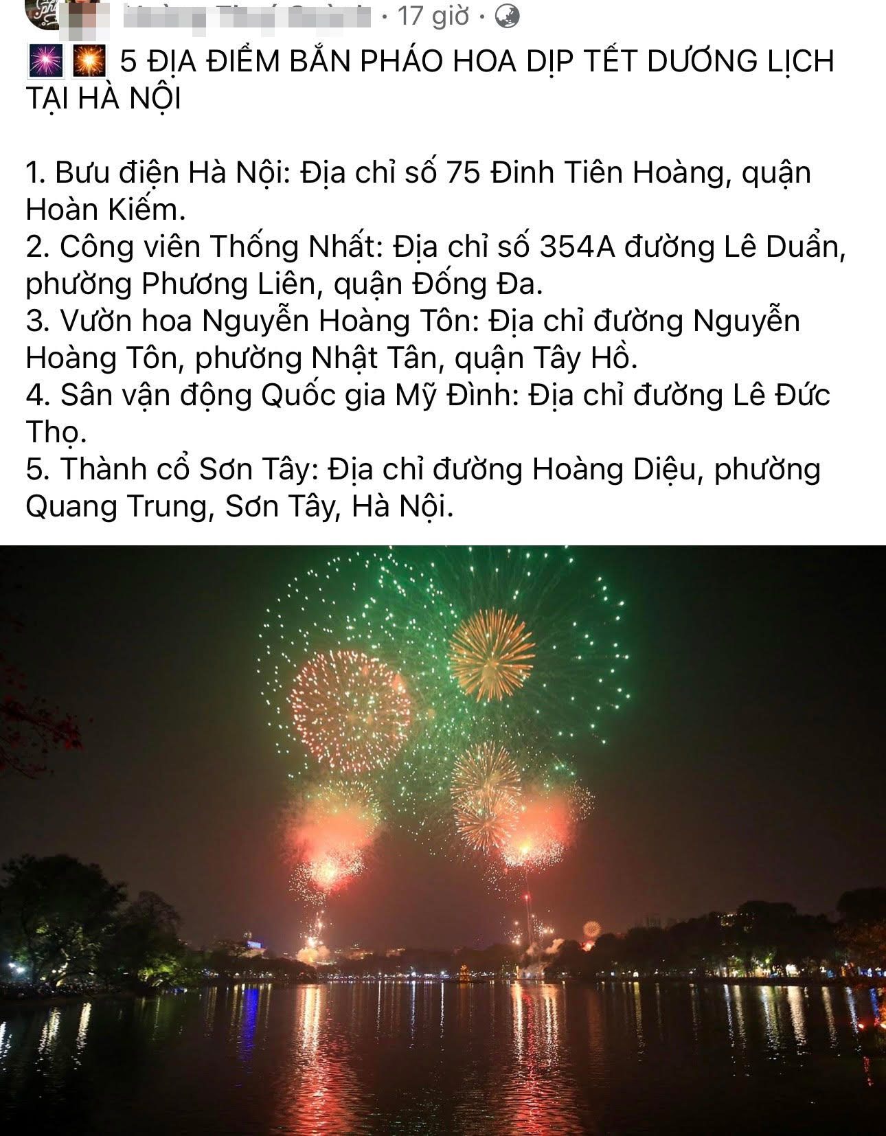Thông tin Hà Nội sẽ bắn pháo hoa tại 5 điểm trong dịp Tết Dương lịch 2024 được&nbsp;lan truyền trên mạng&nbsp;