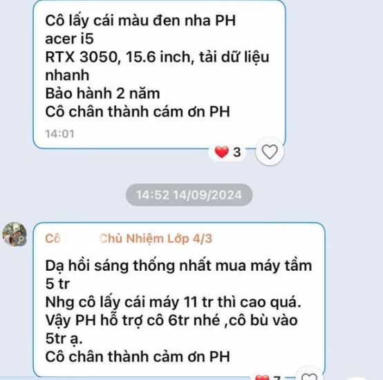 Những tin nhắn xin ủng hộ mua máy tính cá nhân của cô giáo chủ nhiệm nhắn trên nhóm phụ huynh. Ảnh chụp màn hình