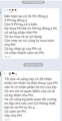 Sau khi phụ huynh không thống nhất được việc ủng hộ tiền mua máy tính, cô H. nhắn sẽ không soạn đề cương ôn tập cho học sinh. Ảnh chụp màn hình