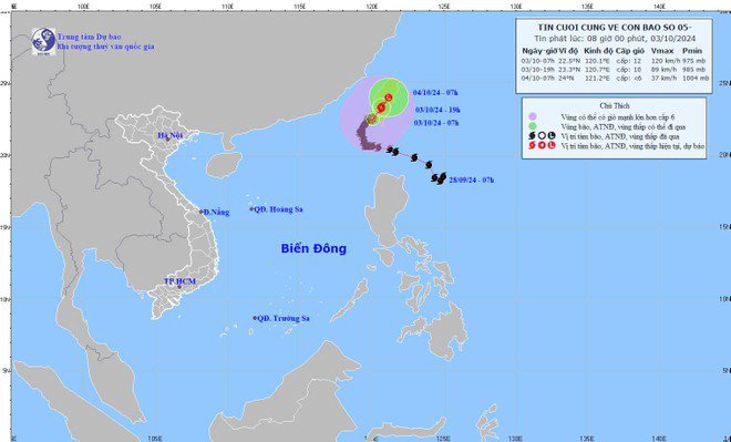 Bão số 5 đi ra ngoài Biển Đông và không còn khả năng gây ảnh hưởng đến đất liền nước ta