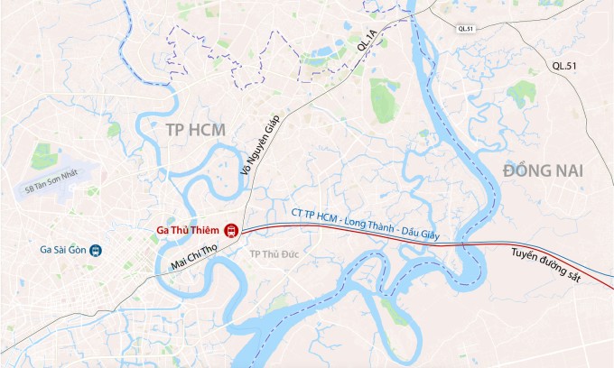 Dự kiến hướng tuyến đường sắt tốc độ cao qua TP HCM. Đồ họa: Đăng Hiếu
