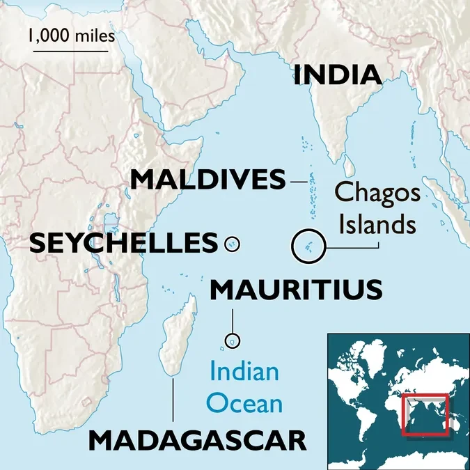 Vị trí của quần đảo Chagos, phần lãnh thổ còn lại của Mauritius và các quốc gia láng giềng trên Ấn Độ Dương. Ảnh: NEWS DRUM