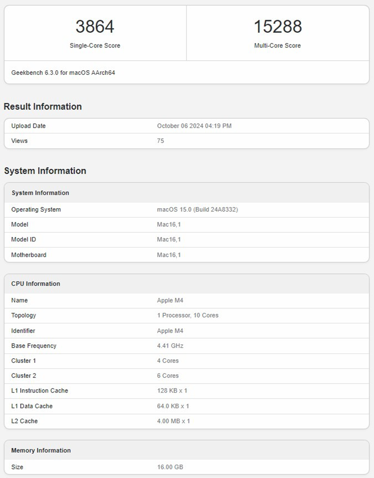 Leaked Geekbench performance scores of the M4 chip.