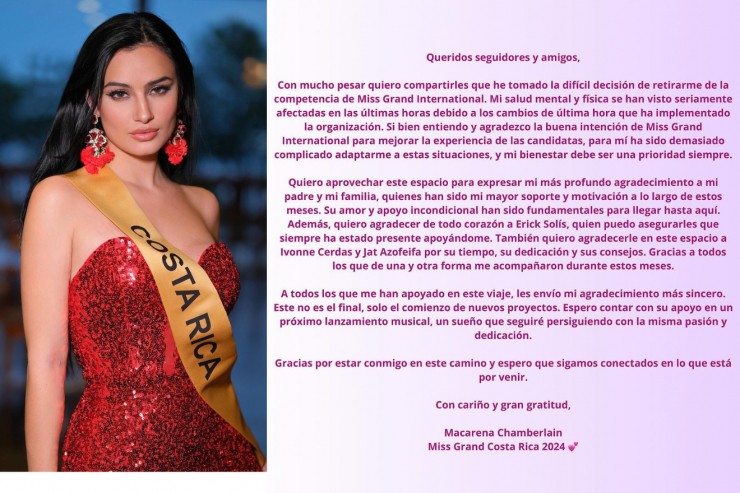 Hoa hậu Costa Rica thông báo sẽ không thi tiếp Miss Grand International 2024. Ảnh: Instagram