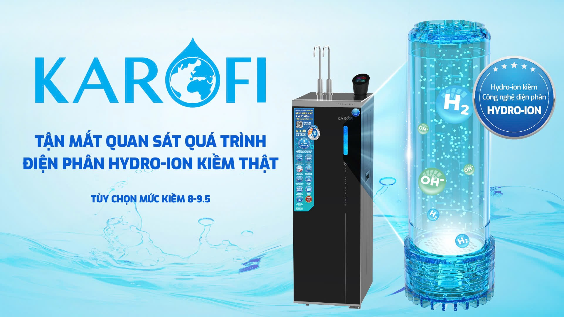 Người dùng có thể tận mắt quan sát quá trình điện phân Hydro-ion kiềm thật