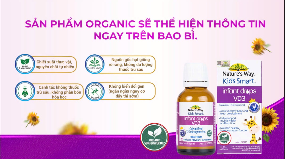 Sản phẩm VD3 Nature’s Way có logo thể hiện sản phẩm đạt chuẩn organic ngay trên bao bì