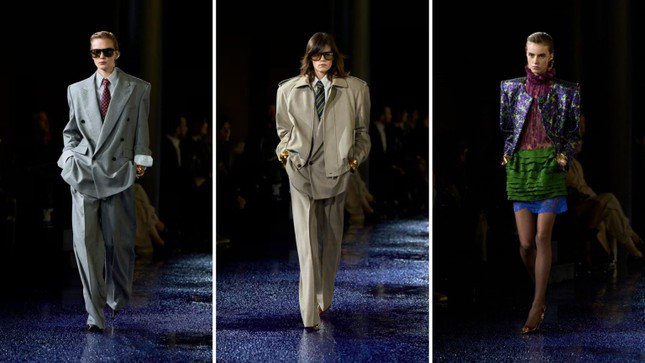 Bộ sưu tập Xuân Hè 2025 của Saint Laurent mang đến các thiết kế suit tinh xảo với gam màu trầm, kết hợp cùng chất liệu mỏng manh và tinh tế.