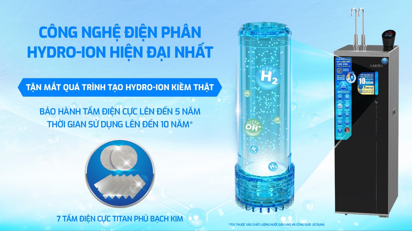 Tận mắt chứng kiến quá trình điện phân tạo trên máy lọc nước nóng lạnh Hydro-ion kiềm Karofi S88 Promax hiện đại bậc nhất hiện nay