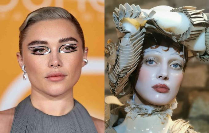 Diễn viên Florence Pugh (trái) dán eyeliner kim loại lên mắt tại buổi chiếu 