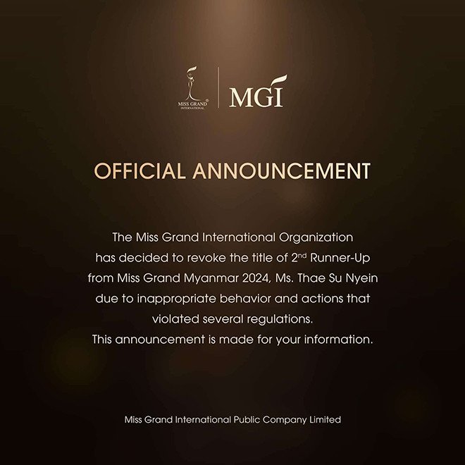 Thông báo của Tổ chức Miss Grand International (MGI). Ảnh: MGI