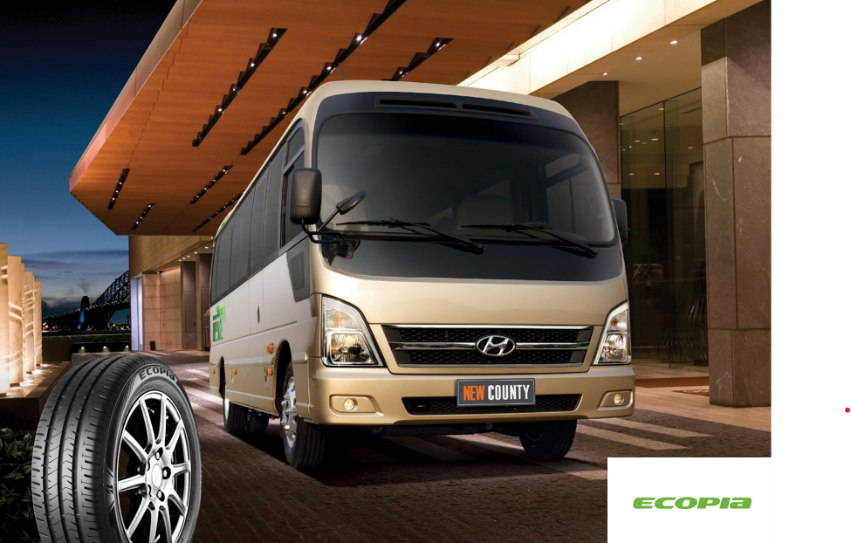 Hyundai New County sử dụng dòng lốp Bridgestone kích cỡ 750R16 (mã gai Ecopia R156)