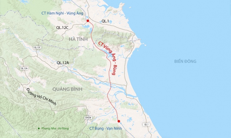 Hướng tuyến cao tốc Vũng Áng - Bùng. Đồ họa: Đăng Hiếu