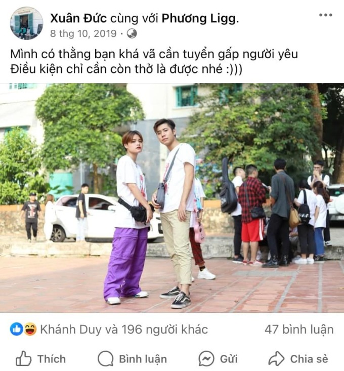 Xuân Đức đăng tuyển người yêu cho Phương Linh trên facebook cách đây 5 năm. Ảnh: Facebook Xuân Đức