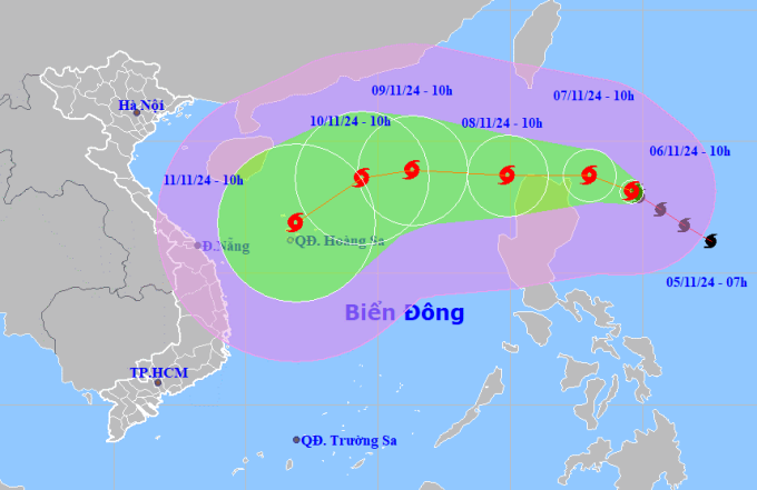 Dự báo đường đi và khu vực ảnh hưởng của bão Yinxing, NGÀY 6/11. Ảnh: NCHMF