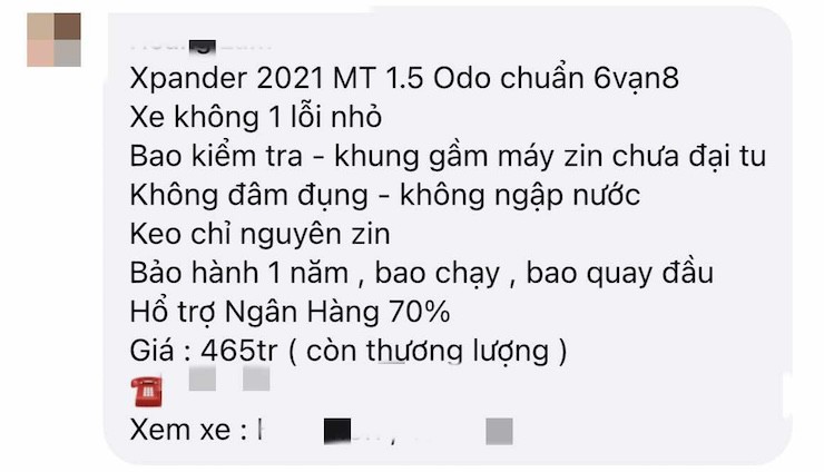 Bình luận rao bán chiếc Mitsubishi Xpander 2021 MT 1.5 phù hợp với ngân sách như trên. (Ảnh chụp màn hình)