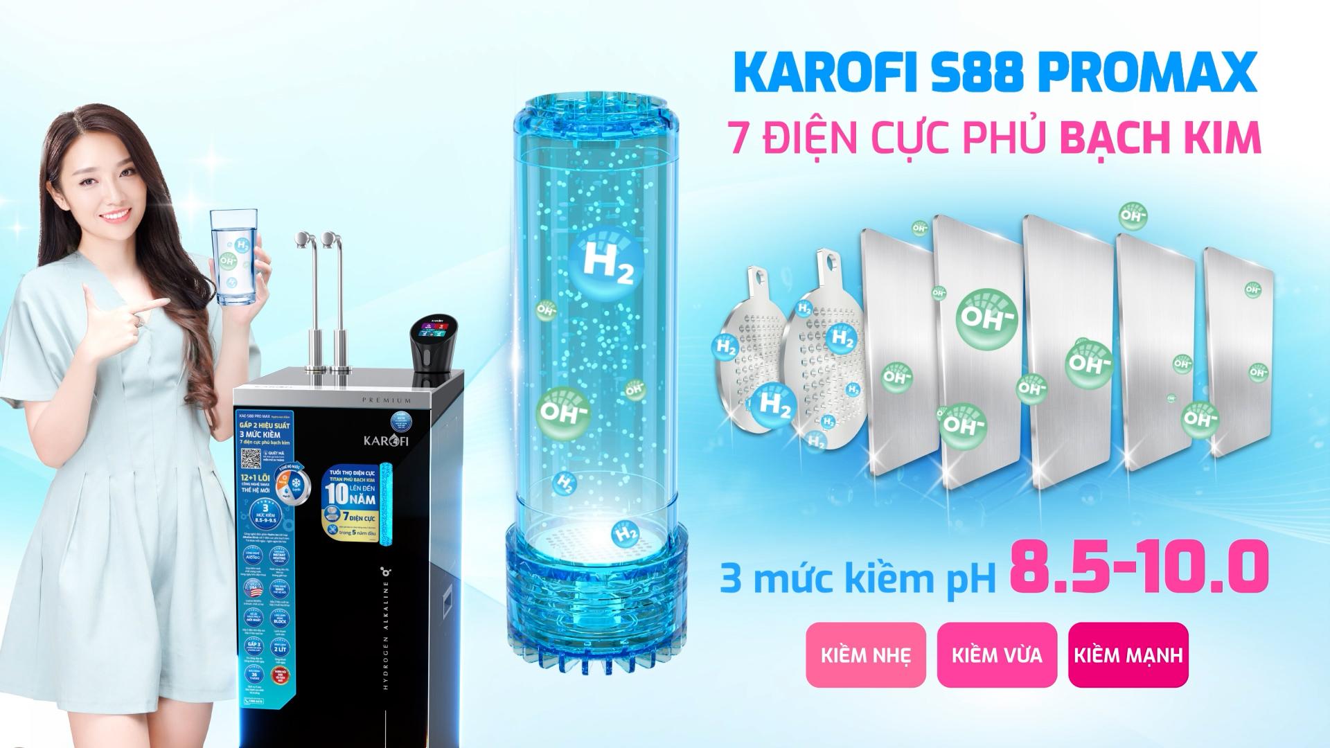 Máy lọc nước Karofi KAE-S88 PROMAX sở hữu 7 tấm điện cực Titan phủ Bạch Kim