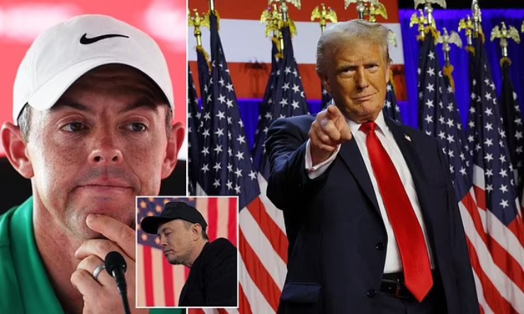 McIlroy (áo xanh) cho rằng Musk (đội mũ) và ông Trump sẽ giúp golf phát triển độc đáo