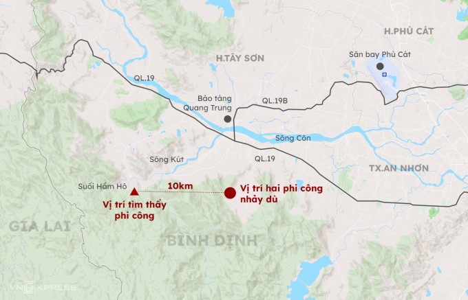 Vị trí hai phi công Nguyễn Hồng Quân, Nguyễn Văn Sơn nhảy dù và được tìm thấy. Đồ họa: Khánh Hoàng