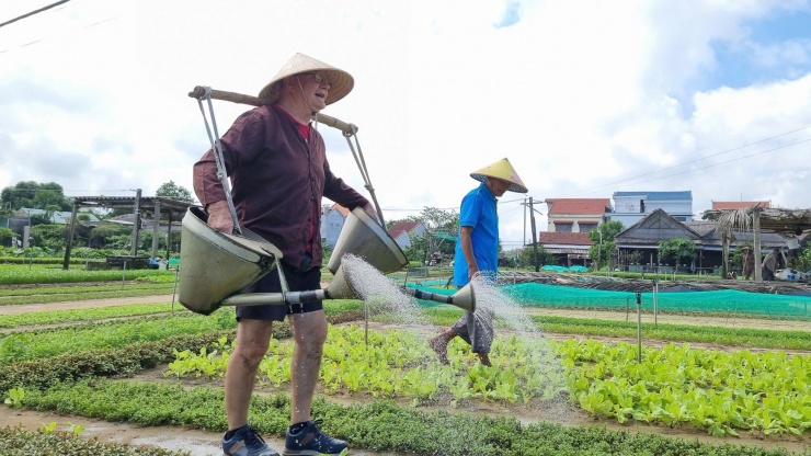 Du khách trải nghiệm ở làng rau Trà Quế.