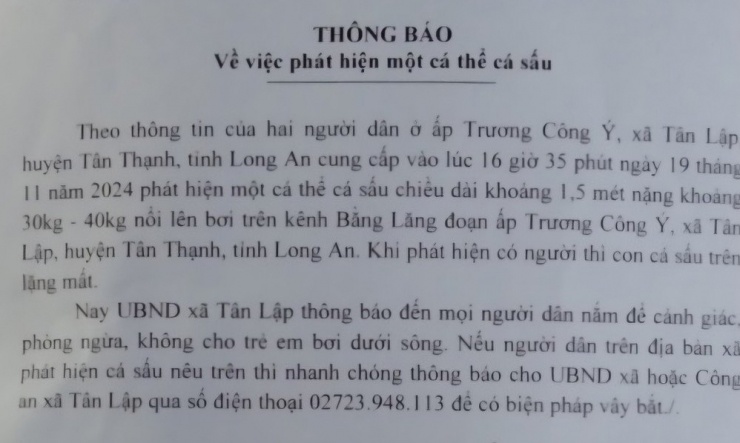 Thông báo của UBND xã Tân Lập về việc người dân phát hiện cá sấu nổi trên sông.