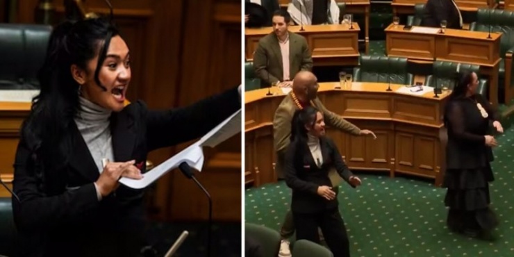 Hana-Rawhiti Maipi-Clarke, nữ nghị sĩ người Maori xé bản thảo dự luật và nhảy vũ điệu haka để phản đối việc xem xét lại “Hiệp ước Waitangi”. Ảnh: Meydianews.