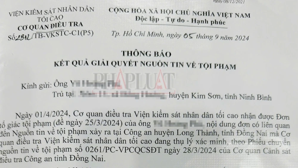 Cơ quan điều tra VKSND Tối cao có thông báo kết quả giải quyết nguồn tin về tội phạm xảy ra tại Công an huyện Long Thành, Đồng Nai. Ảnh: V.V