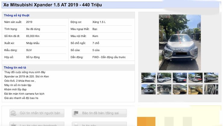 Tin rao bán chiếc Mitsubishi Xpander 1.5 AT 2019 cũ. (Ảnh chụp màn hình)