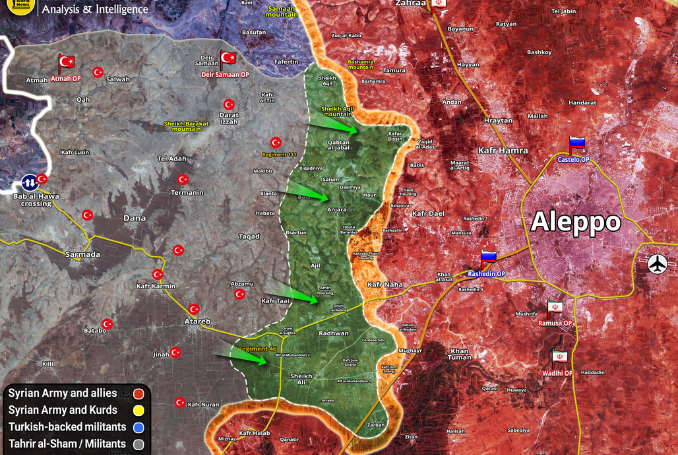 Bản đồ cho thấy phiến quân đột phá phòng tuyến quân đội Syria, tiến gần hơn tới thành phố Aleppo. Ảnh: Palestine Chronicle.
