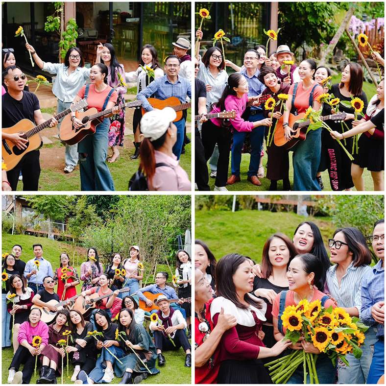 Bùi Thanh Hương và khoảnh khắc cùng các thành viên CLB: Anh Đỗ Yên Bình (cầm đàn mặc áo đen), anh Nguyễn Đồng Hưng (mặc áo kẻ sọc) đều là những người ngày đầu thành lập CLB cùng các thành viên tái hiện lại hoạt động thiện nguyện của những năm qua