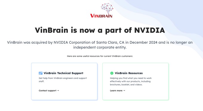 Sáng 6/12, website của VinBrain cũng cập nhật giao diện với dòng thông báo VinBrain hiện là một phần của Nvidia, được Nvidia mua lại vào tháng 12/2024 và không còn là một thực thể độc lập.