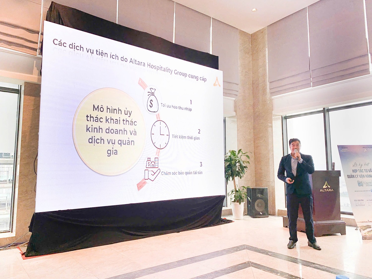 Ông Trương Công Hoài Nhơn - Managing Director Altara Hospitality Group chia sẻ về các dịch vụ tiện ích sẽ cung cấp tại dự án Nam Ô Discovery.