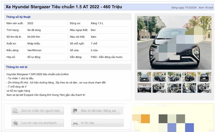 Chiếc Hyundai Stargazer 1.5 AT 2022 đang được rao bán. (Ảnh chụp màn hình)