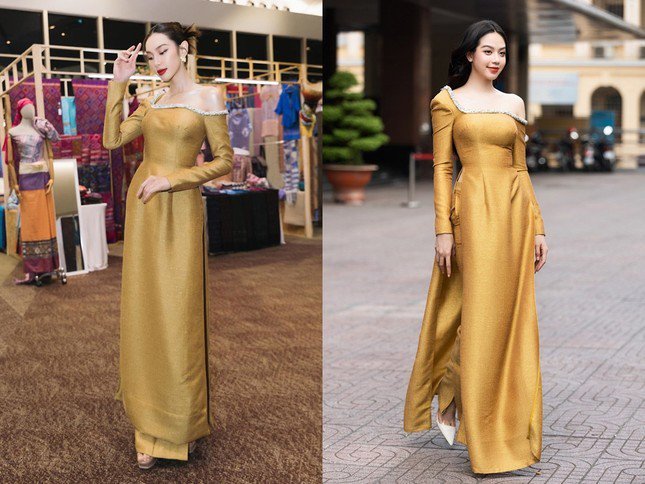 Một lần khác, Miss Grand International 2021 và Miss International 2024 lại mặc trùng bộ áo dài ánh kim có phần vai vô cùng lạ mắt. Nếu như Hoa hậu Thanh Thủy đầy dịu dàng, trong trẻo thì đàn chị Thùy Tiên lại sắc sảo, kiêu kỳ hơn với mái tóc búi và màu son đỏ thẫm.