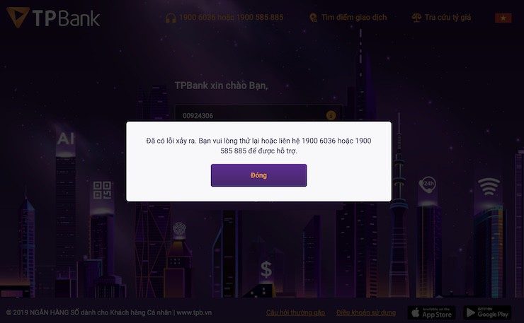 Thông báo lỗi dịch vụ ngân hàng số của TPBank trên website.