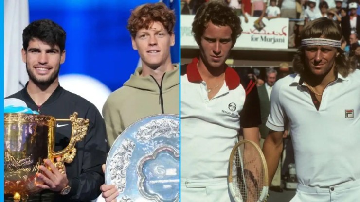 Alcaraz và Sinner (bên trái) làm gợi nhớ tới thời kỳ thống trị tennis của 2 huyền thoại McEnroe và Borg (bên phải) ở thập niên 1970 và đầu 1980