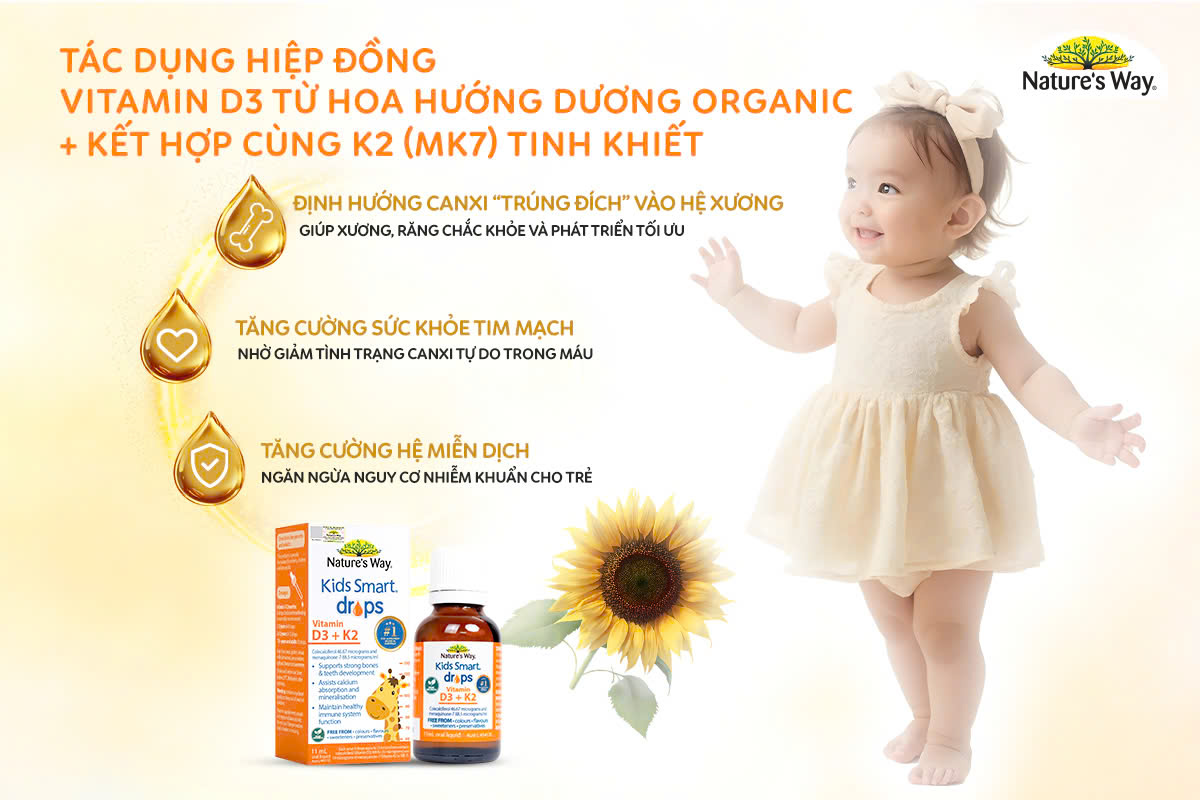 Sự kết hợp của Vitamin D3 Organic và K2 MK7 sẽ giúp bé phát triển khỏe mạnh&nbsp;cũng như tăng cường hệ miễn dịch của cơ thể