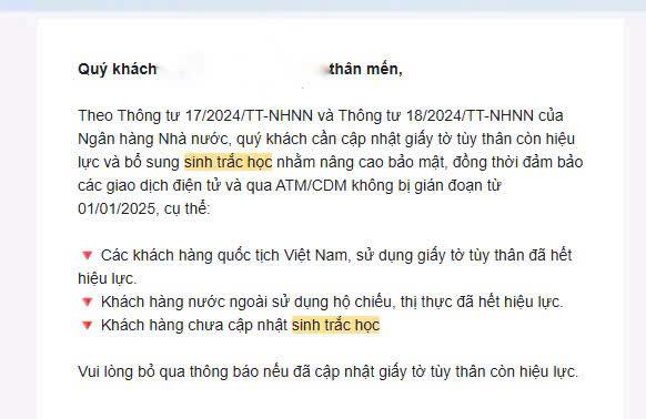 Ngân hàng gửi email, tin nhắn thông báo người dùng khẩn trương việc cập nhật sinh trắc học, giấy tờ tùy thân trước thời điểm 1/1/2025.