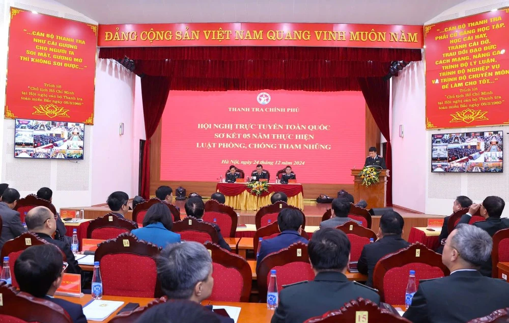 Toàn cảnh hội nghị trực tuyến toàn quốc sơ kết năm năm thực hiện Luật Phòng, chống tham nhũng. Ảnh: TN