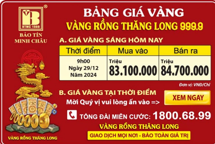 Giá Vàng Rồng Thăng Long- Bảo Tín Minh Châu ngày 29.12.2024